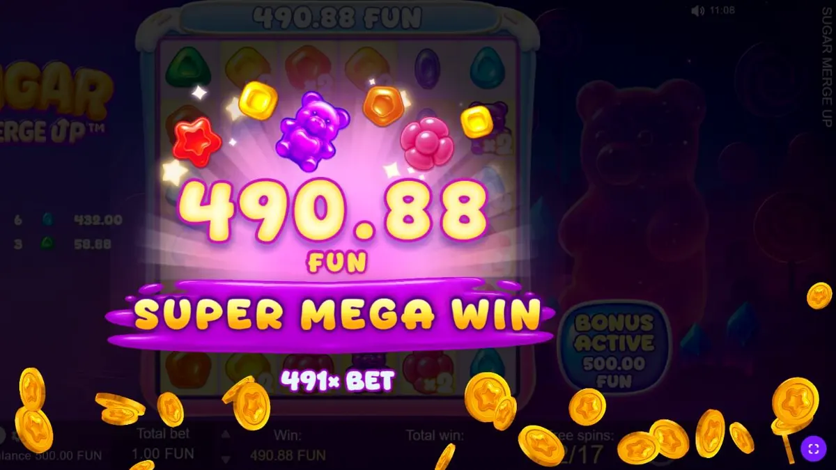 Tampilan visual ceria dari slot Sugar Merge Up dengan tema permen dan gummy bear.