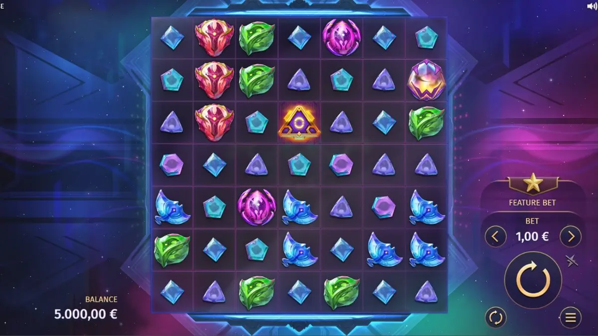 Tampilan visual futuristik dari slot Phantom Pulse dengan grid 7x7 yang bercahaya.