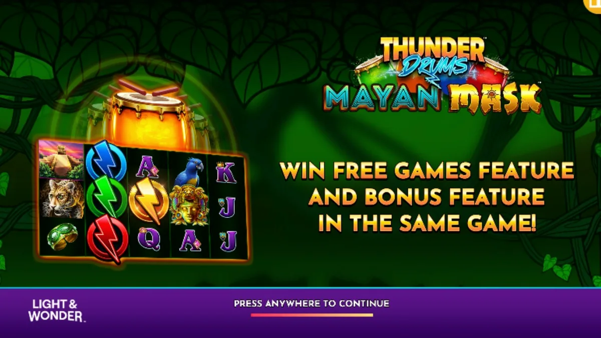 Tampilan visual slot Thunder Drums Mayan Mask dengan tema kuil kuno dan topeng emas